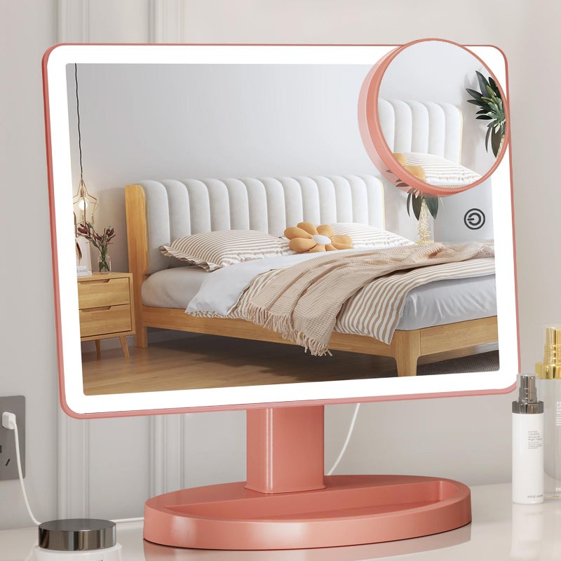Funtouch Large Lighted Vanity Makeup Mirror, 14.56 in x 8.97 in, 88 LED, 360 Rotation Touch Screen, 10X Magnification Tabletop Cosmetic Make Up Mirror, Rose Gold - Image 1